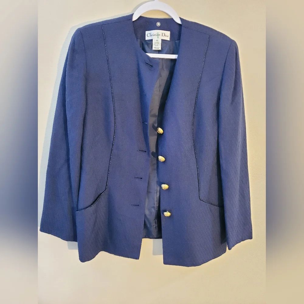 Vintage Christian Dior Women's Blue Military Blazer Gold Buttons Pockets Size 10